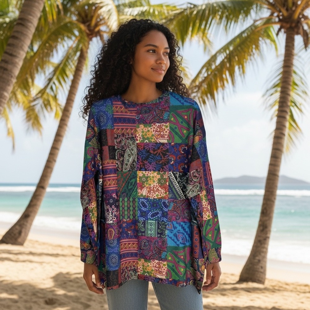 Boho‎ Patchwork Long Sleeve Tunic Top Women Multicolor Paisley Print